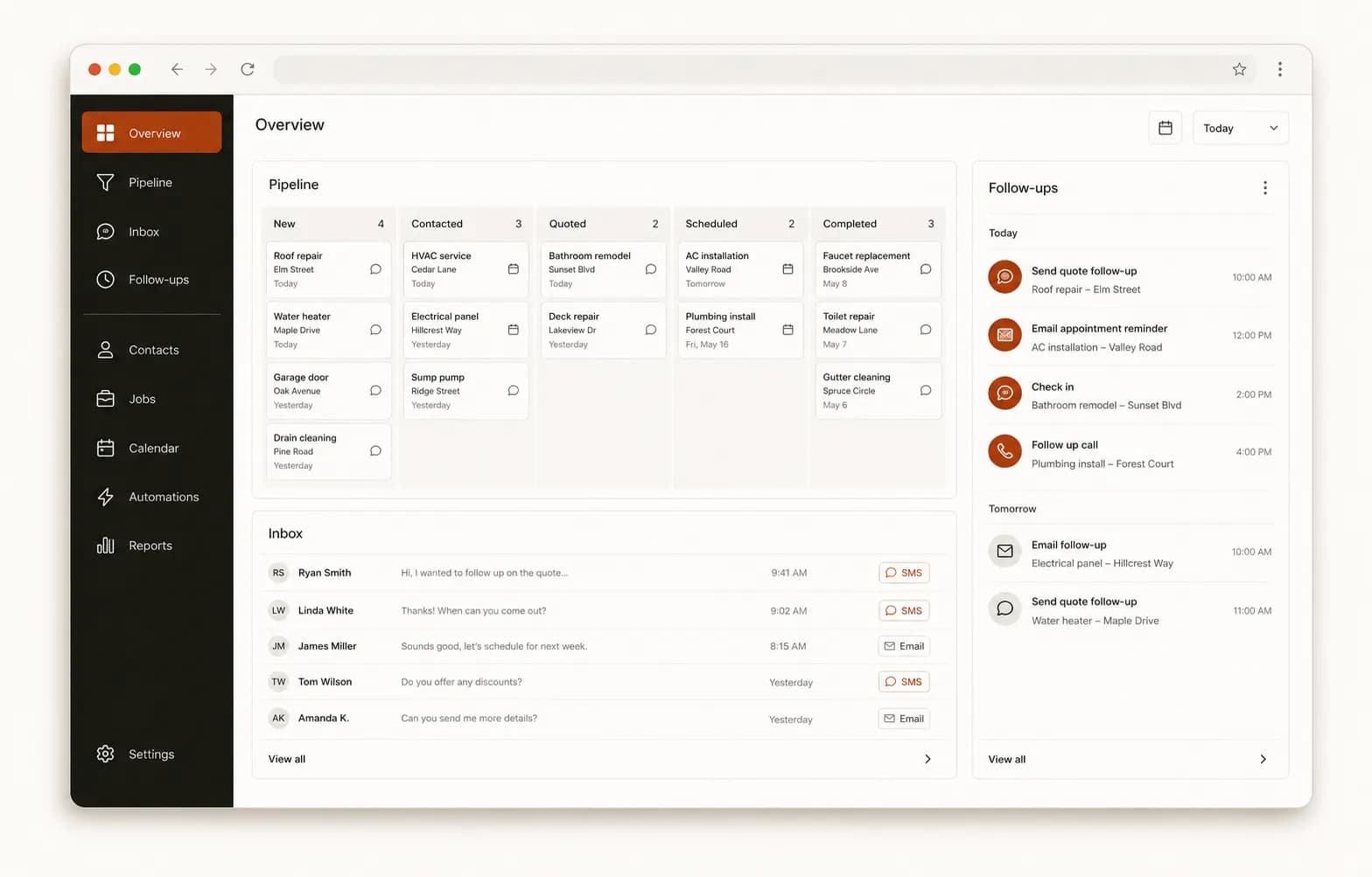 CodeRift Systems dashboard with a sales pipeline, inbox, and automated follow-ups
